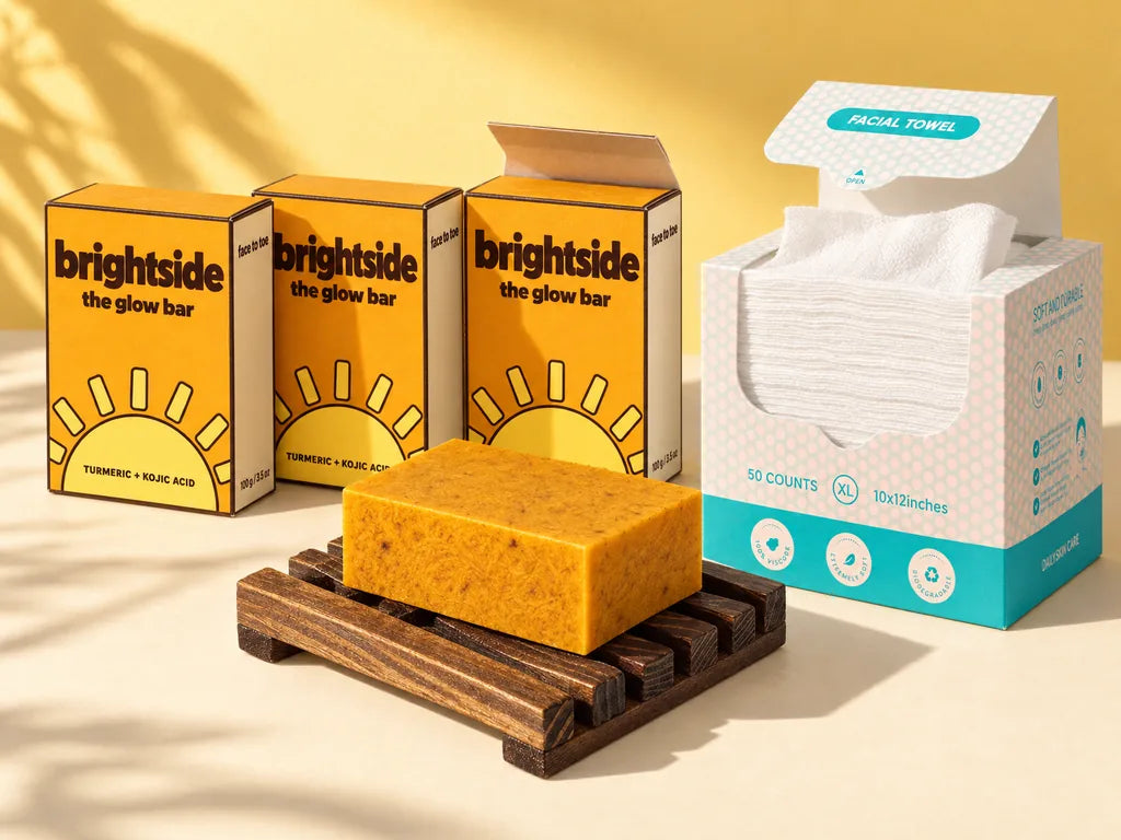 Three boxed Glow Bars with the wooden bar dish and a box of facial towels