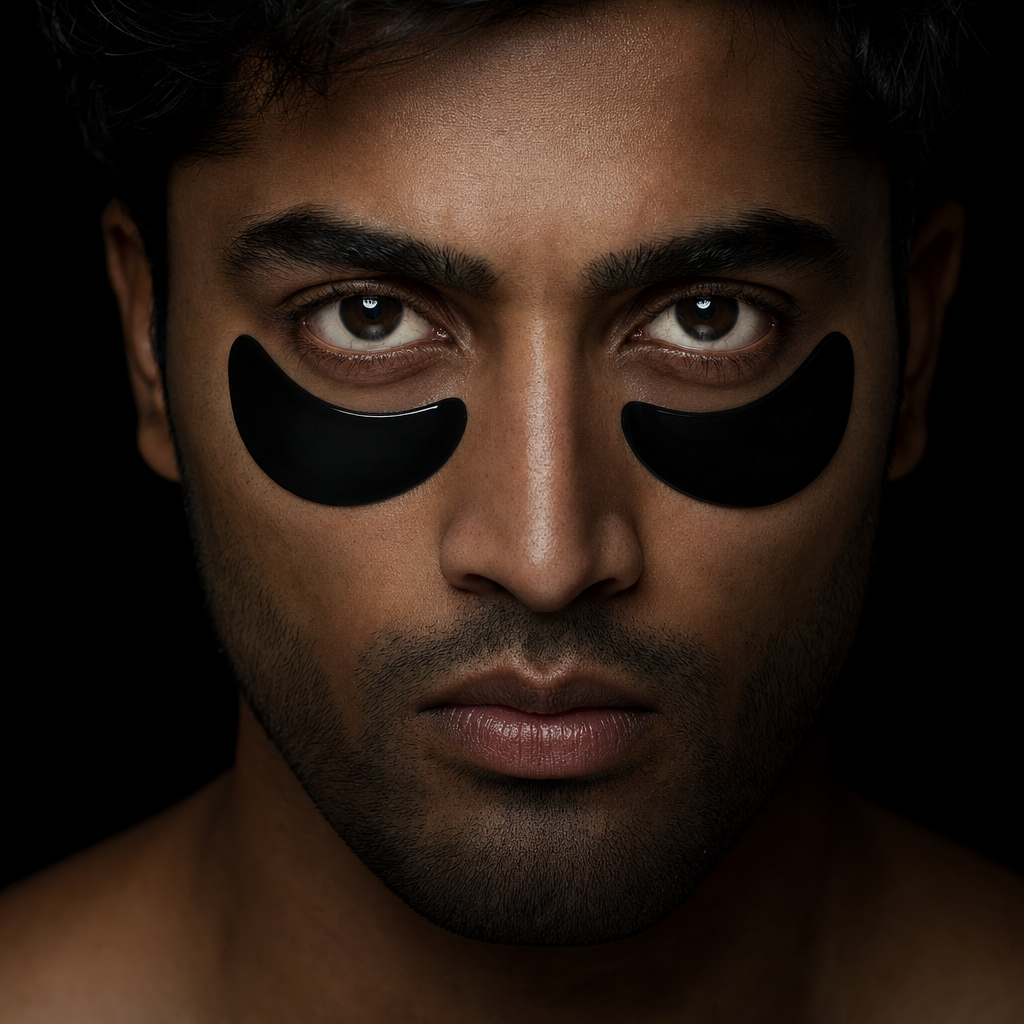 Man wearing black BLACKOUT under-eye patches, front portrait