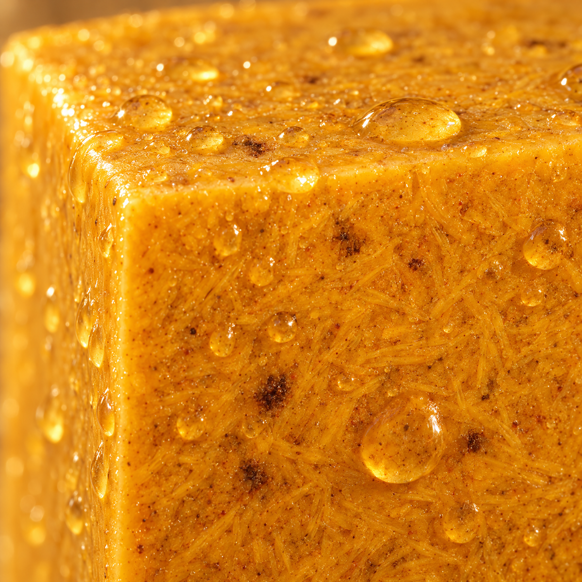 Close-up of the bar's speckled turmeric texture with water droplets