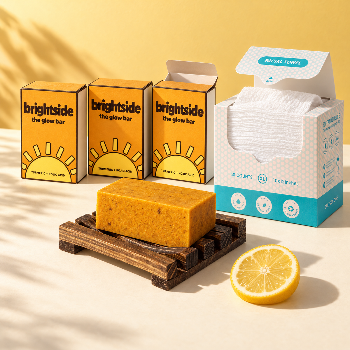 The Glow Stack: three boxed bars, the wooden bar dish and a box of facial towels