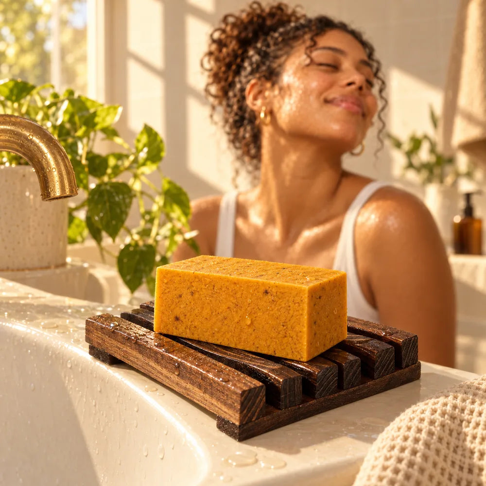 The bar resting on its wooden dish at a sunlit sink
