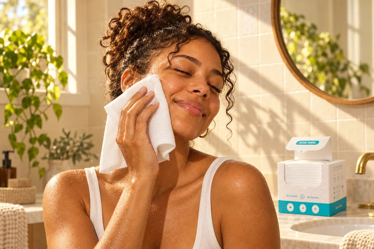 Patting the face dry with a facial towel